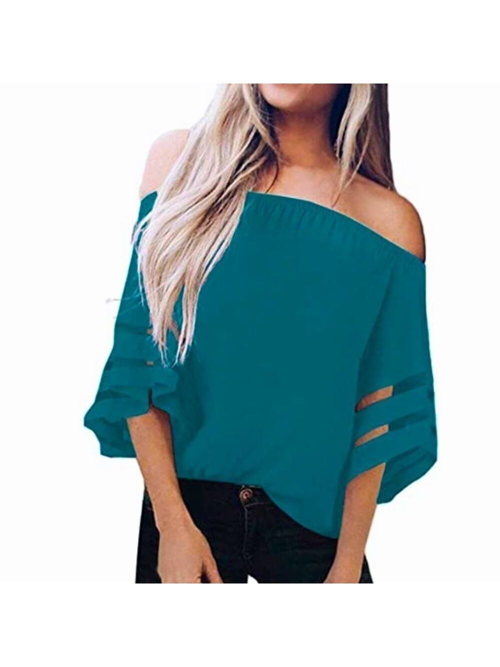 Women's Off Shoulder 3/4 Bell Mesh Chiffon Panel Sleeves Blouse